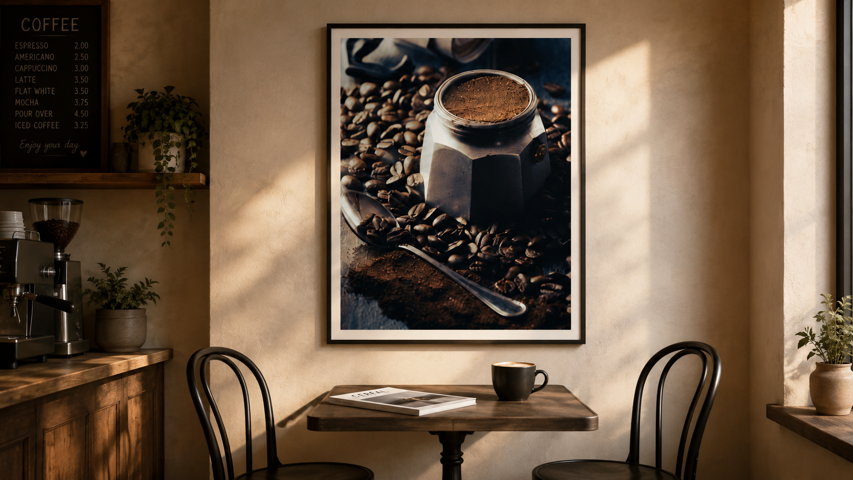 Gerahmte Kaffeefotografie als Wandbild in einem Café